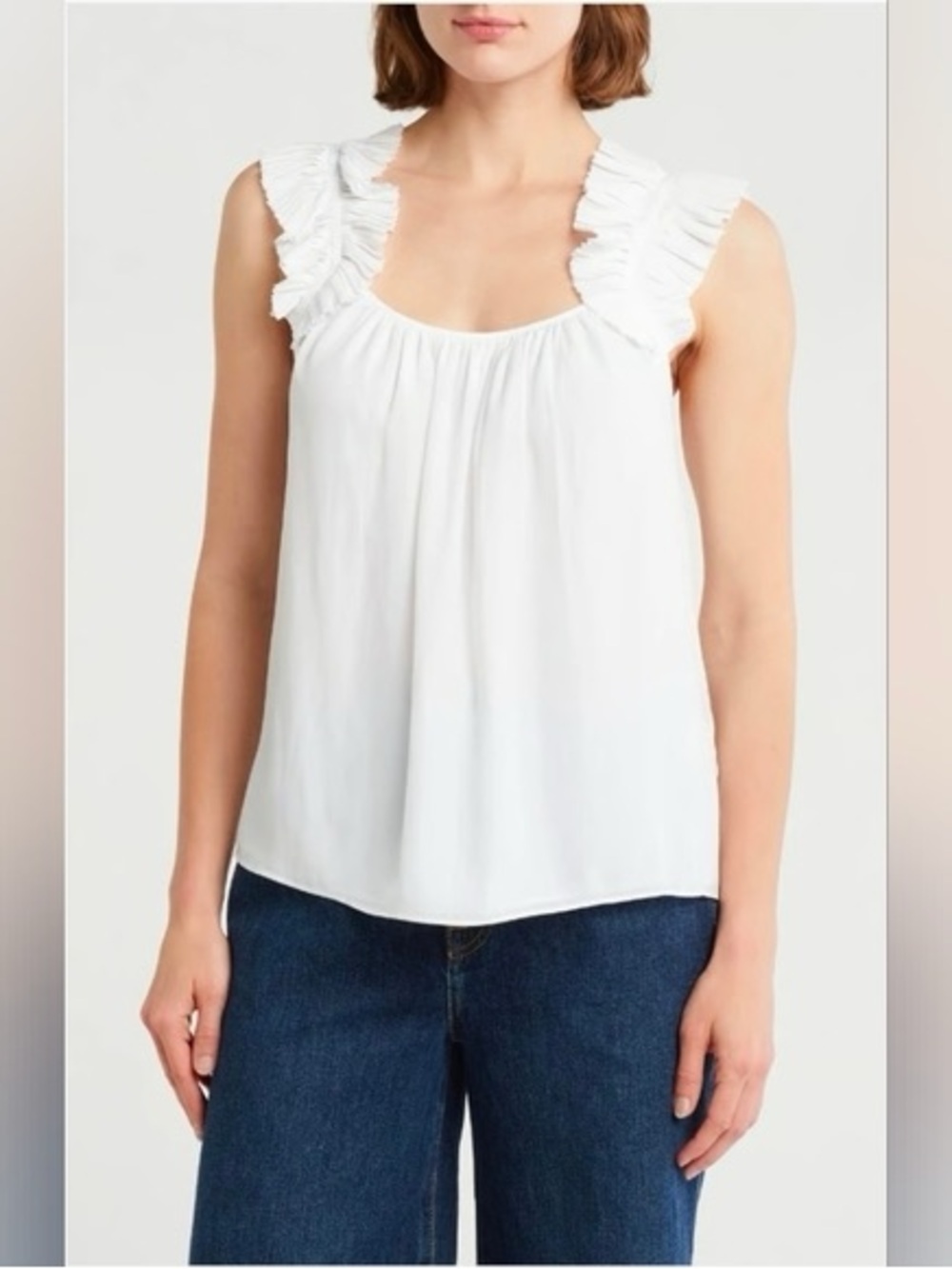 Ramy Brook White Ruffle Strap Tank